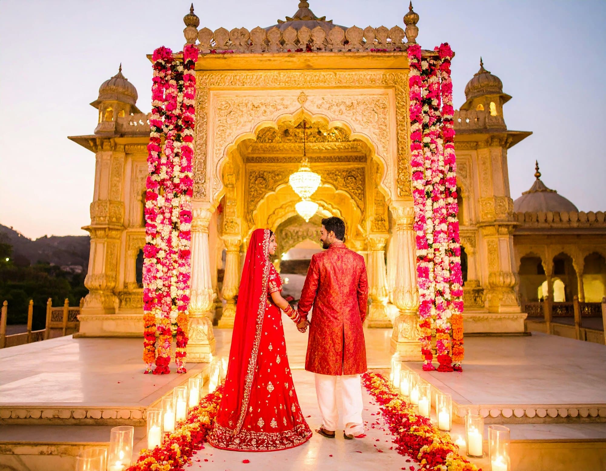 A couple in traditional Indian wedding attire holding hands